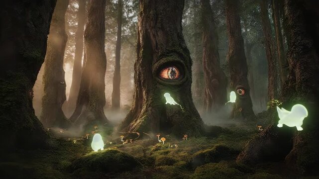 Mystical forest with glowing spirits