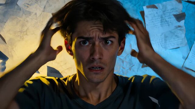 Exhausted professional clutches head amid scattered project documents. Intense yellow and blue background reveals psychological breakdown. Dramatic lighting exposes workplace emotional strain.