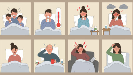 Illustrative Grid of People Experiencing Common Illnesses: Colds, Flu, Fever, and Headaches