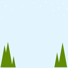 Minimalist winter scene showing falling snow on green hills or mountains with light blue sky