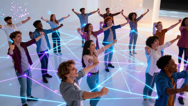 Energetic young professionals linked by luminous network lines, expressing collaborative spirit in minimalist white environment