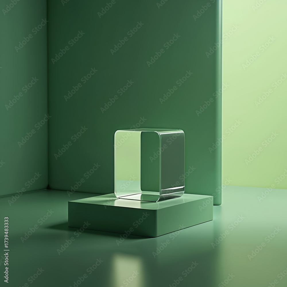 Wall mural transparent cube object sits on green platform. abstract geometric shapes create minimalist backgrou