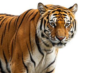 Isolated portrait of a tiger looking directly forward, an attractive, powerful, wild animal