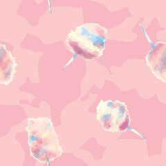Vector seamless pattern. Pink sweet cotton candy on a stick. Airy sweets. Sugar flavor. Cotton candy, like a pink tree. Perfect for projects like wallpaper, apparell, backgrounds and scrapbooking.