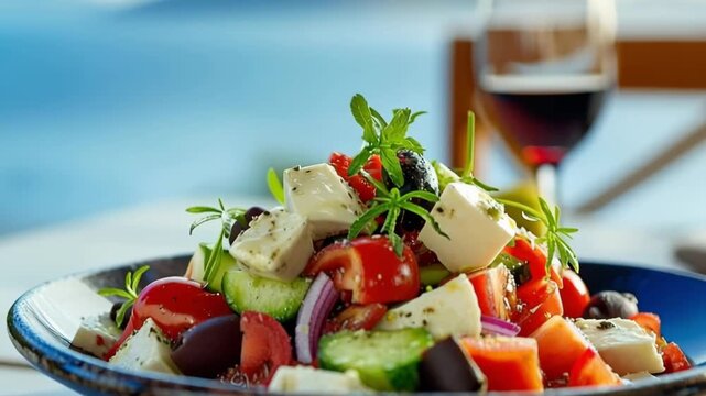 Mediterranean Continental breakfast in open-air restaurant against of seascape, Greek salad with vegetables and olives. Holidays in resort hotel, relaxation, travel.