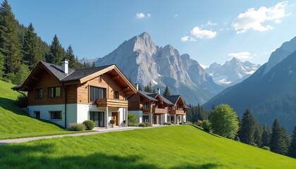 Wooden chalets sit on a grassy hill with majestic mountains in the background. Sunny sky with clouds over evergreen forest and scenic landscape, peaceful nature view.