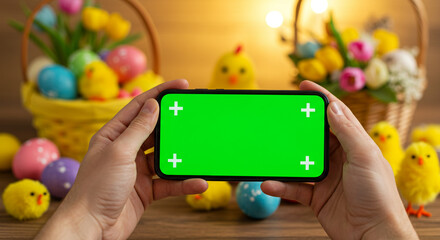 Hands hold smartphone with green screen amidst colorful Easter decorations and cute chicks