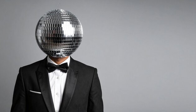 A young man in a party outfit, wearing a tuxedo, ready to go out, with a disco ball instead of his head