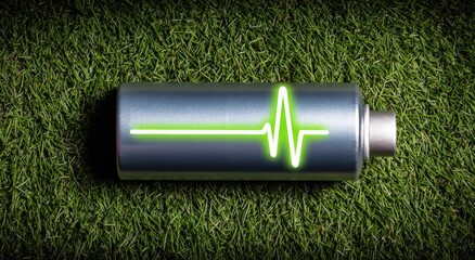 Metallic battery on grass, illuminated with a green heartbeat line, symbolizing energy