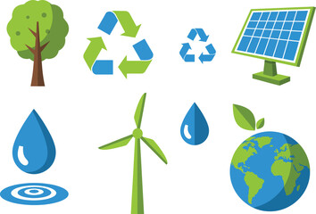 Flat Vector Eco Icon Collection – Renewable Energy, Sustainability, and Nature Symbols