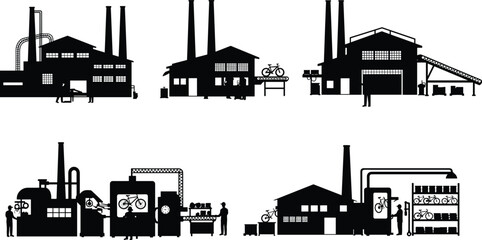 Bicycle manufacturing process vector set, industrial factory silhouettes with workers, conveyor belts, cycle shop, assembly line, production and distribution illustration collection
