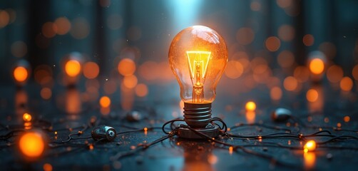 Illuminated lightbulb shines with wires. Energy saving idea shown with connected electric wires. Innovation concept, technological advancement, solution. Glowing bulb represents creativity,
