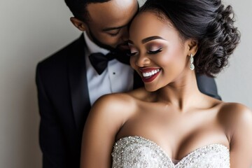 African American couple embracing on their special day, the bride smiling happily in a beaded dress, groom showing affection