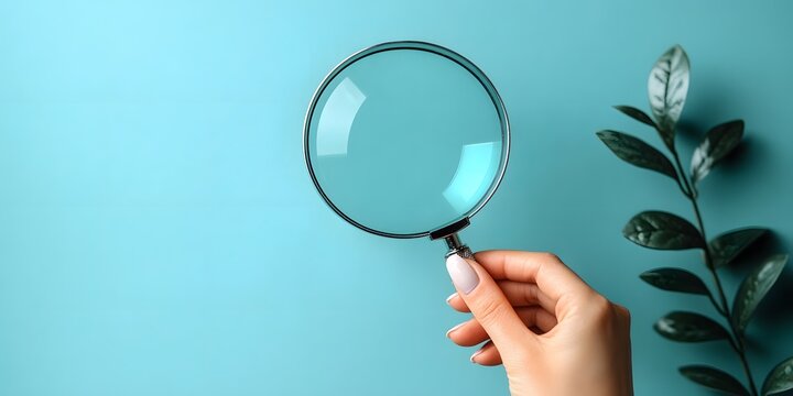 Hand holding a magnifying glass over a teal background with a green plant nearby, showcasing curiosity and detail orientation - Powered by Adobe