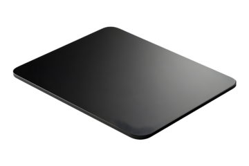A sleek black mouse pad with a smooth, highly reflective surface and rounded corners, viewed from an angled perspective.