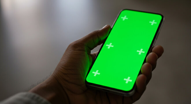 Close-up of hand holding modern smartphone with vibrant green screen and tracking markers - Powered by Adobe