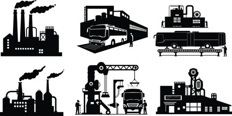 Industrial factory vector set, smokestacks with chimneys, bus manufacturing assembly line, robotic arms, vehicle inspection, modern automation and production illustration collection