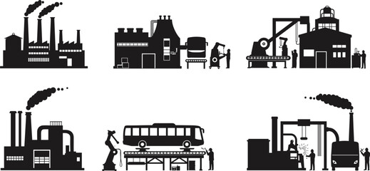 Industrial manufacturing vector set, smokestack factories, conveyor belts, robotic arms, bus assembly line, heavy machinery, modern automation and production illustration collection