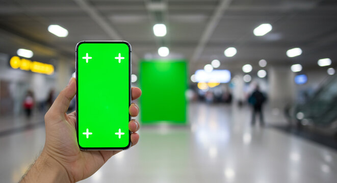 Hand holds smartphone with green screen in busy airport terminal, ready for tracking