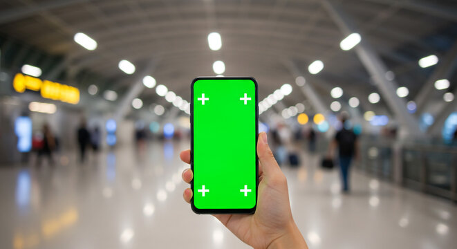 Confidently navigate travel with a green screen smartphone, capturing dynamic moments in a bustling airport concourse.