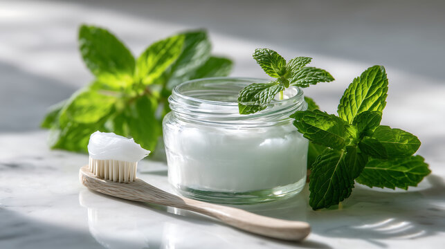 Homemade toothpaste in glass jar with mint leaves, natural dental care hygiene product
