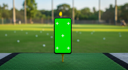 Modern smartphone with green screen on golf tee at driving range, perfect for sports apps