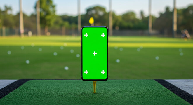 Modern smartphone with green screen on golf tee at driving range, perfect for sports apps