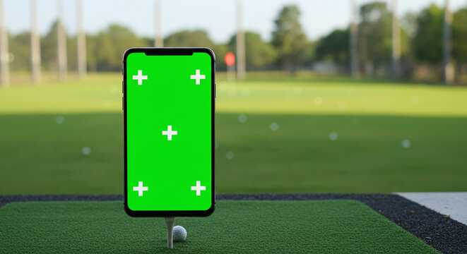 Smartphone with green screen on golf tee at driving range ready for your custom content