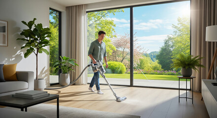 A smiling man vacuums a wooden floor in a bright, modern living room with large windows overlooking a lush garden, showcasing housekeeping and clean home.