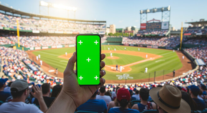 Capture the game day excitement with a green screen phone overlooking a bustling baseball stadium