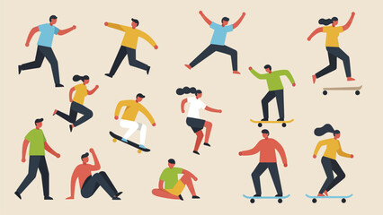 Diverse Active People In Various Dynamic Poses Flat Vector Illustration