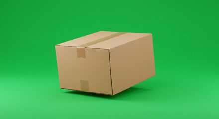 Obraz premium Secure cardboard shipping box ready for dispatch, with crisp tape seal on a vibrant green background