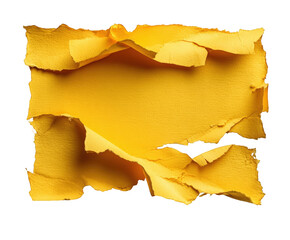 Abstract composition of torn yellow paper pieces overlapping and peeling, isolated on transparent background