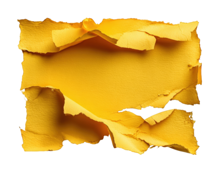Abstract composition of torn yellow paper pieces overlapping and peeling, isolated on transparent background