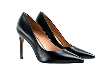 Pair of sleek black high-heeled pumps, angled view, set against a stark black background