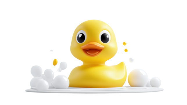 Cute Yellow Duck with Soap Bubbles  on Transparent Background