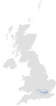 Thames river system &ndash; rivers vector map of United Kingdom highlighting main stem and primary tributaries (Web Mercator, scaled by river size, PPT-compatible, multi-layered & fully editable)