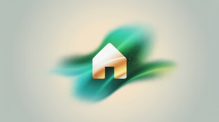 Abstract house icon with colorful waves background.