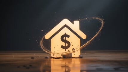 Golden house symbol with dollar sign creating a dynamic visual effect.