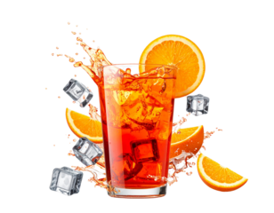 Artistic Aperol Spritz Cocktail with Splash Effect and Ice Motion, Isolated PNG