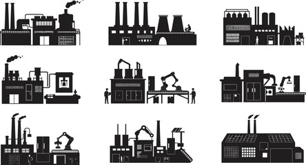 Obraz premium Industrial factory silhouette vector, isometric manufacturing process, automation, robotic arms, conveyor belt, machinery, smokestacks, workers, production line, heavy industry infrastructure design