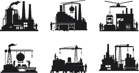 Naklejka premium Industrial factory silhouettes, construction crane vector icons, helicopter lifting illustration, power plant design, black silhouette workers