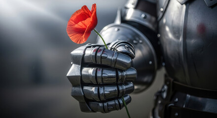 Knight in Armor Holding Delicate Red Poppy Flower Gently