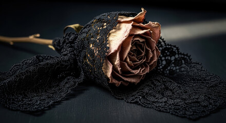 Dried Rose Wrapped in Black Lace on Dark Background