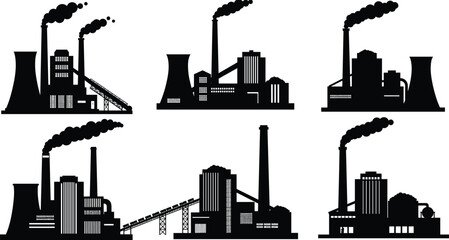 Industrial factory silhouettes, power plant vector icons, smokestack illustration, cooling tower design, black silhouette workers, heavy industry elements