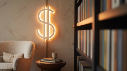 Cozy reading nook with dollar sign lamp and shelves of books.
