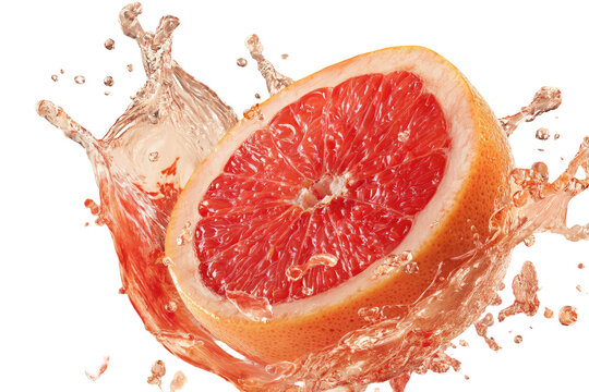 Vibrant image of a grapefruit half, bursting with juice and water droplets, isolated on black