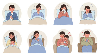 People Suffering from Common Illnesses and Symptoms: Flat Vector Illustration Set