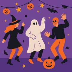 Halloween party dancing figures flat illustration AI generated