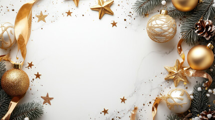 Obraz premium Sparkling golden and silver Christmas ornaments arranged elegantly on pristine white surface, highlighting seasonal decorative elements with festive minimalist style